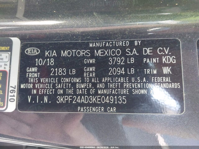 Продаж на аукціоні авто 2019 Kia Forte Lxs, vin: 3KPF24AD3KE049135, номер лоту: 45469564