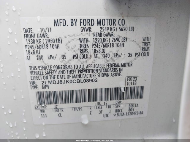 Продаж на аукціоні авто 2012 Lincoln Mkx, vin: 2LMDJ8JK0CBL08902, номер лоту: 45469572