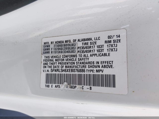 Honda Odyssey Ex-l 2014 5FNRL5H6XEB076886 Image 9