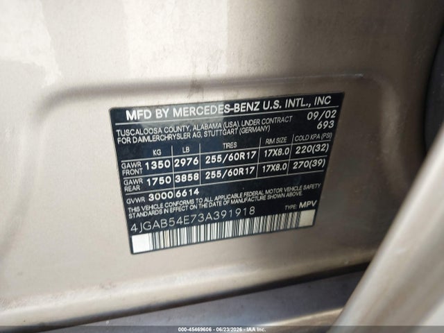 Продаж на аукціоні авто 2003 Mercedes-benz Ml 320, vin: 4JGAB54E73A391918, номер лоту: 45469606