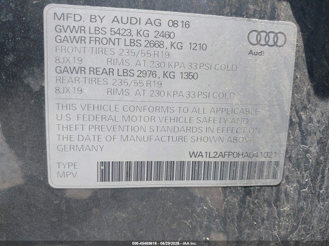 Продаж на аукціоні авто 2017 Audi Q5 2.0t Premium, vin: WA1L2AFP0HA041021, номер лоту: 45469616