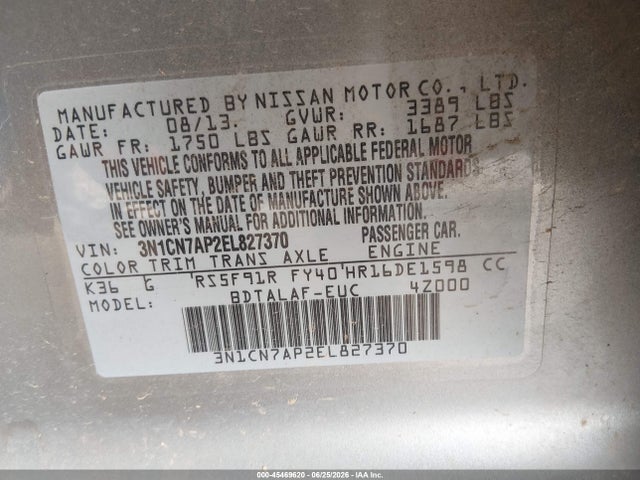 Nissan VERSA S 2014 3N1CN7AP2EL827370 Image 9