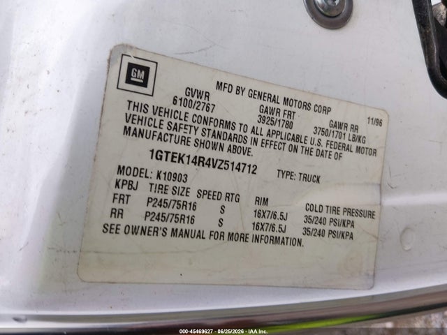 Aukcja sprzedaży 1997 Gmc Sierra 1500 Sl Wideside, vin: 1GTEK14R4VZ514712, numer aukcji: 45469627