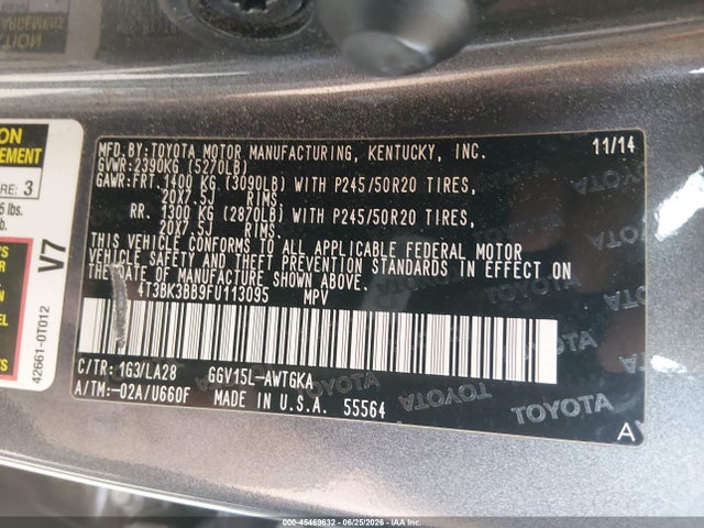 4T3BK3BB9FU113095 Toyota Venza Xle V6