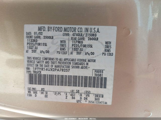 Aukcja sprzedaży 2002 Ford Ranger Edge/tremor/xl/xlt, vin: 1FTYR14UX2PA78257, numer aukcji: 45469641