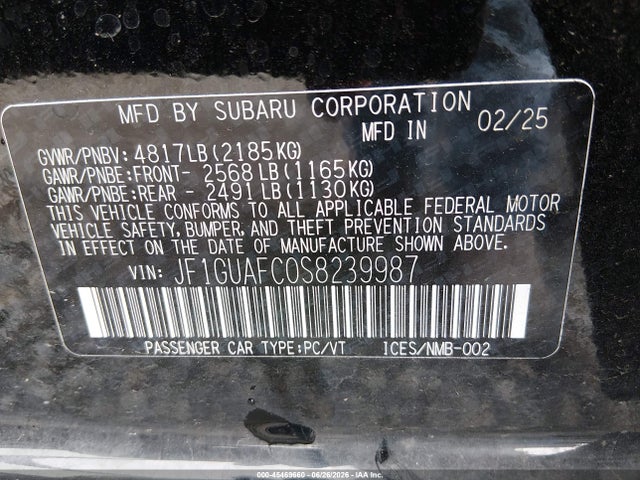 Aukcja sprzedaży 2025 Subaru Impreza Sport 5-door, vin: JF1GUAFC0S8239987, numer aukcji: 45469660