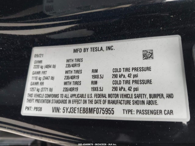 45469679 :رقم المزاد ، 5YJ3E1EB8MF075955 vin ، 2021 Tesla Model 3 Long Range Dual Motor All-wheel Drive مزاد بيع