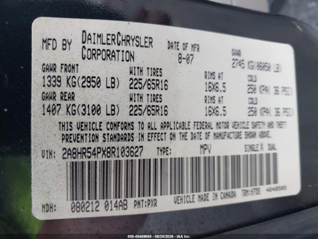 45469688 :رقم المزاد ، 2A8HR54PX8R103627 vin ، 2008 Chrysler Town & Country Touring مزاد بيع