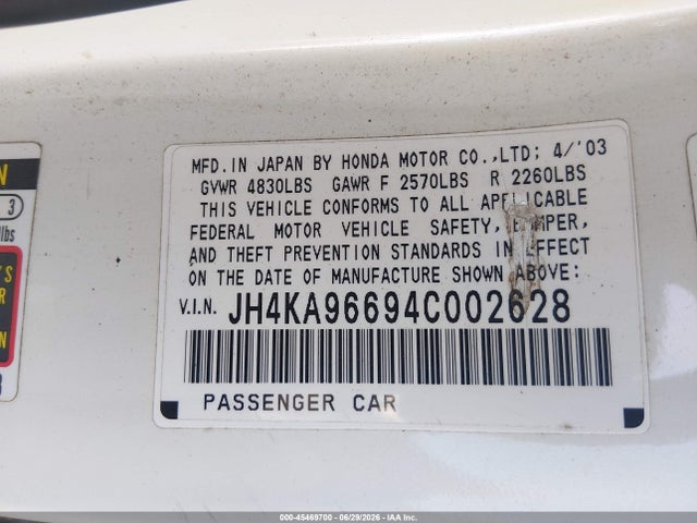 45469700 :رقم المزاد ، JH4KA96694C002628 vin ، 2004 Acura Rl 3.5 مزاد بيع