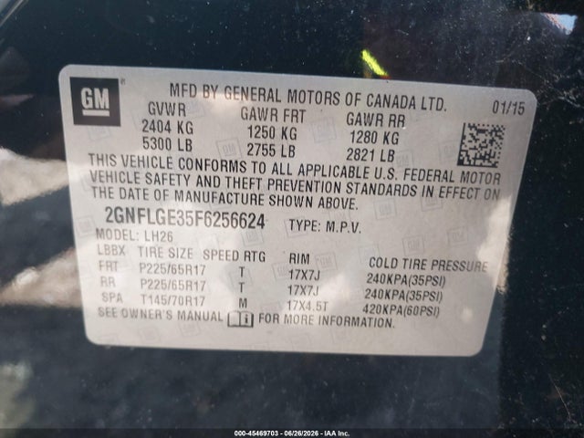 Aukcja sprzedaży 2015 Chevrolet Equinox Lt, vin: 2GNFLGE35F6256624, numer aukcji: 45469703