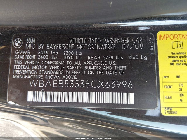 Продаж на аукціоні авто 2008 Bmw 650i, vin: WBAEB53538CX63996, номер лоту: 45469704