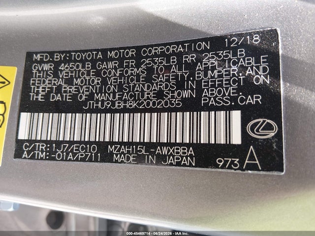 Продаж на аукціоні авто 2019 Lexus Ux 250h, vin: JTHU9JBH8K2002035, номер лоту: 45469714