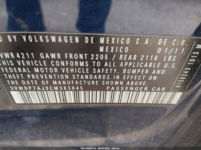 2012 Volkswagen Jetta 2.5l Se მანქანა იყიდება აუქციონზე, vin: 3VWDP7AJ9CM363845, აუქციონის ნომერი: 45469718