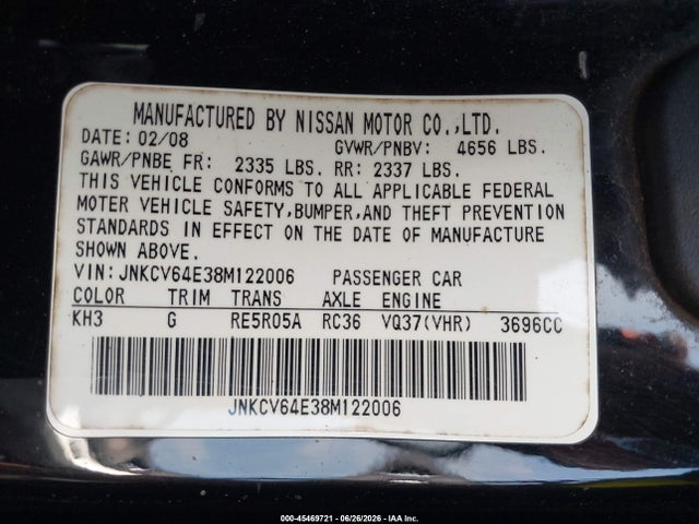 Auction sale of the 2008 Infiniti G37 Journey, vin: JNKCV64E38M122006, lot number: 45469721