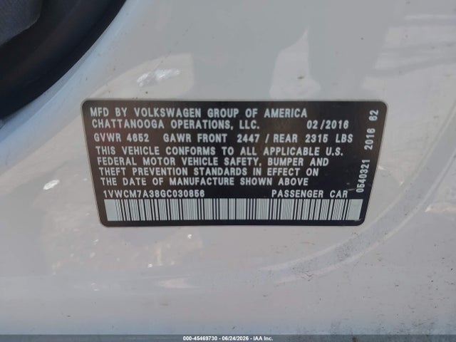 45469730 :رقم المزاد ، 1VWCM7A38GC030856 vin ، 2016 Volkswagen Passat V6 Sel Premium مزاد بيع