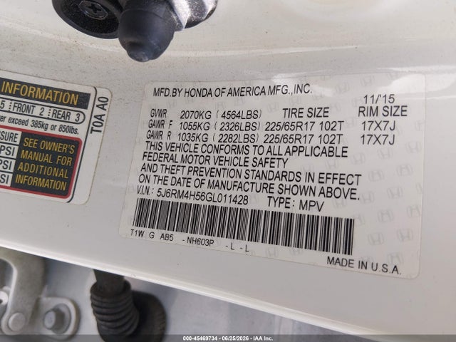 Honda CR-V EX 2016 5J6RM4H56GL011428 Image 9