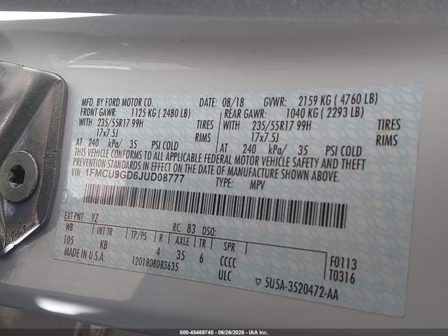 Ford ESCAPE SE 2018 1FMCU9GD6JUD08777 Image 9