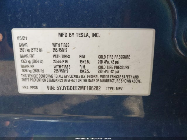 Продажа на аукционе авто 2021 Tesla Model Y Long Range Dual Motor All-wheel Drive, vin: 5YJYGDEE2MF196282, номер лота: 45469742