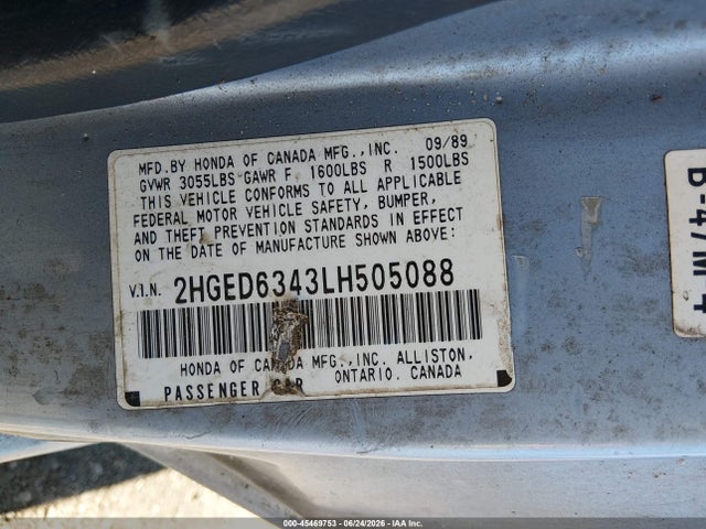 1990 Honda Civic მანქანა იყიდება აუქციონზე, vin: 2HGED6343LH505088, აუქციონის ნომერი: 45469753