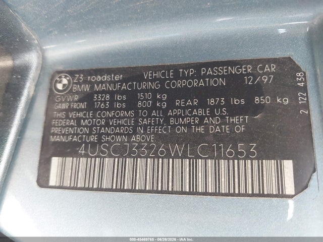 45469765 :رقم المزاد ، 4USCJ3326WLC11653 vin ، 1998 Bmw Z3 2.8 مزاد بيع