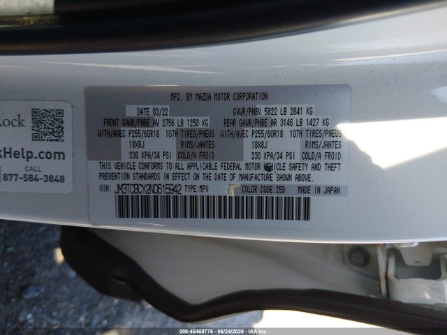 2022 Mazda Cx-9 Touring მანქანა იყიდება აუქციონზე, vin: JM3TCBCY2N0615942, აუქციონის ნომერი: 45469776
