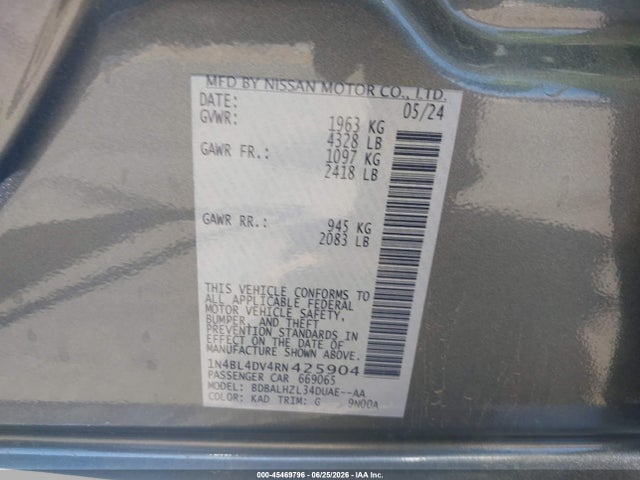 1N4BL4DV4RN425904 Nissan Altima Sv Fwd