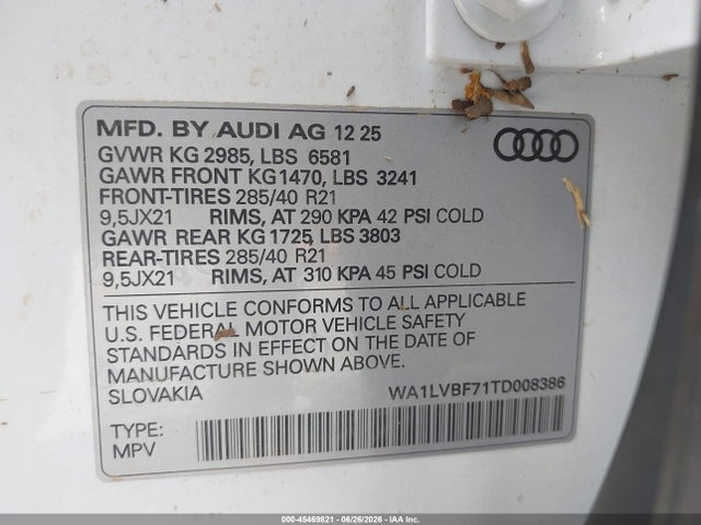 2026 Audi Q7 Premium Plus Tfsi Quattro Tiptronic მანქანა იყიდება აუქციონზე, vin: WA1LVBF71TD008386, აუქციონის ნომერი: 45469821