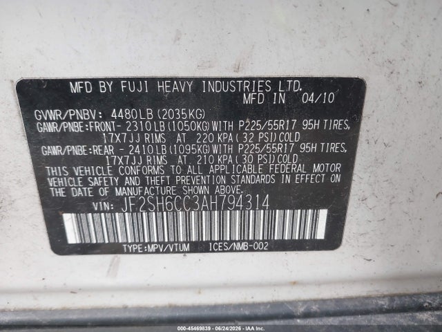 Продажа на аукционе авто 2010 Subaru Forester 2.5x Premium, vin: JF2SH6CC3AH794314, номер лота: 45469839