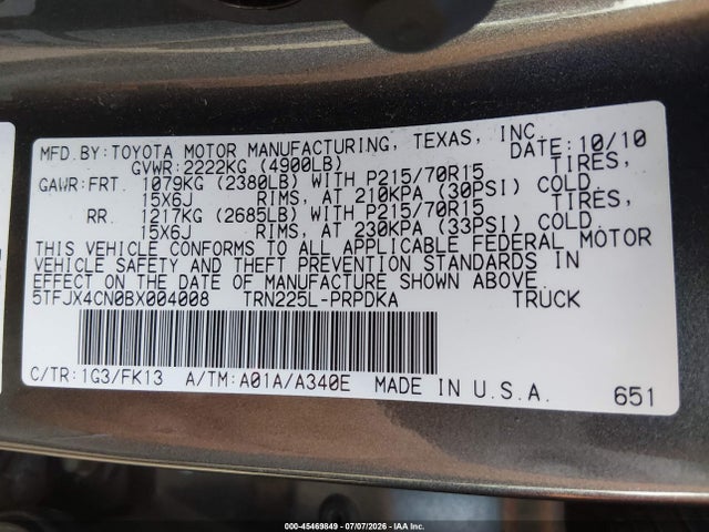 45469849 :رقم المزاد ، 5TFJX4CN0BX004008 vin ، 2011 Toyota Tacoma Prerunner مزاد بيع