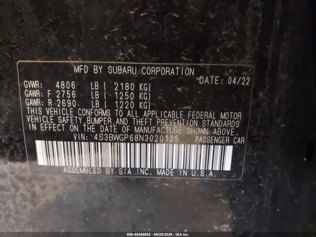 2022 Subaru Legacy Touring Xt მანქანა იყიდება აუქციონზე, vin: 4S3BWGP68N3020125, აუქციონის ნომერი: 45469852