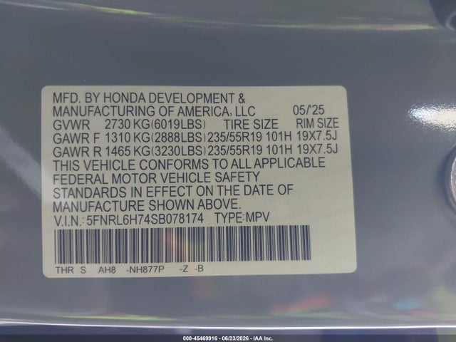 5FNRL6H74SB078174 Honda Odyssey Sport-l