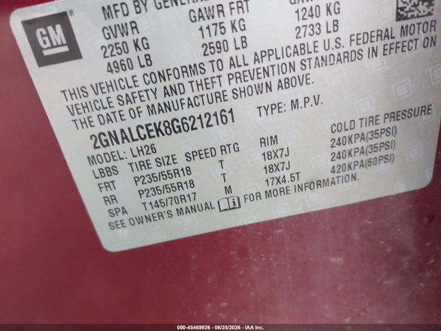 Продаж на аукціоні авто 2016 Chevrolet Equinox Lt, vin: 2GNALCEK8G6212161, номер лоту: 45469926