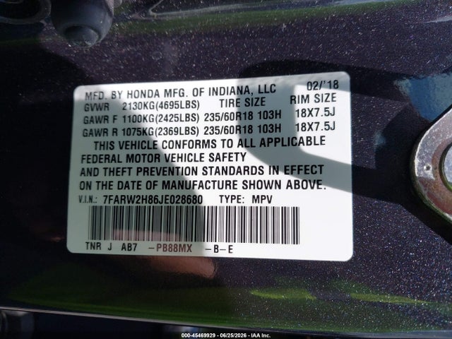 Продаж на аукціоні авто 2018 Honda Cr-v Ex-l/ex-l Navi, vin: 7FARW2H86JE028680, номер лоту: 45469929