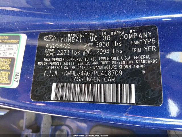 Auction sale of the 2023 Hyundai Elantra Sel, vin: KMHLS4AG7PU418709, lot number: 45469974