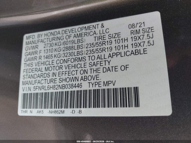 Aukcja sprzedaży 2022 Honda Odyssey Touring, vin: 5FNRL6H82NB038446, numer aukcji: 45469981