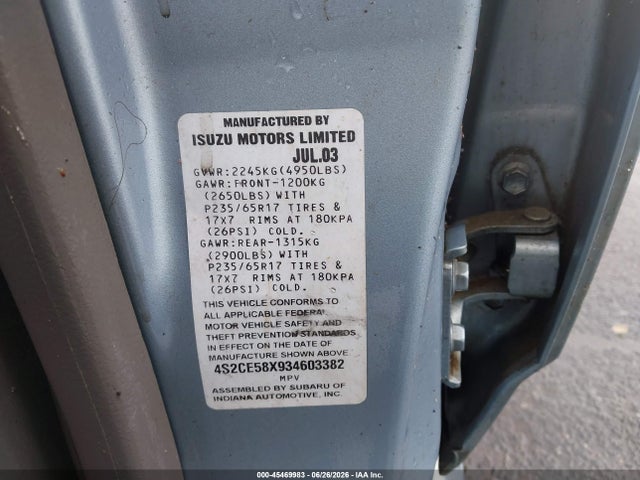 Aukcja sprzedaży 2003 Isuzu Axiom S/xs, vin: 4S2CE58X934603382, numer aukcji: 45469983