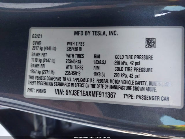 Tesla Model 3 Standard Range Plus Rear-wheel Drive 2021 5YJ3E1EAXMF911367 Image 9