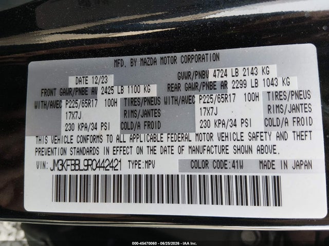 45470060 :رقم المزاد ، JM3KFBBL9R0442421 vin ، 2024 Mazda Cx-5 2.5 S Select مزاد بيع