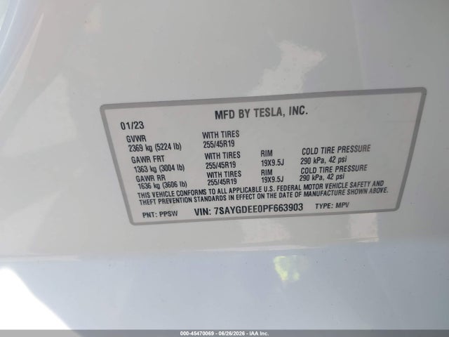 Продаж на аукціоні авто 2023 Tesla Model Y Awd/long Range Dual Motor All-wheel Drive, vin: 7SAYGDEE0PF663903, номер лоту: 45470069