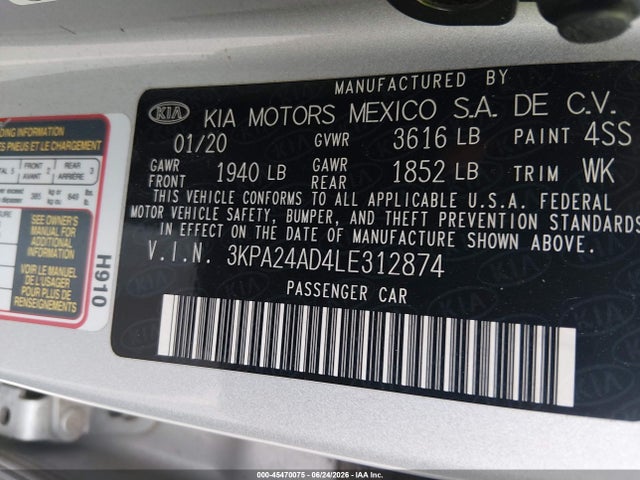 45470075 :رقم المزاد ، 3KPA24AD4LE312874 vin ، 2020 Kia Rio Lx مزاد بيع