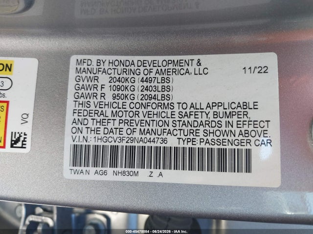 1HGCV3F29NA044736 Honda Accord Hybrid Sport