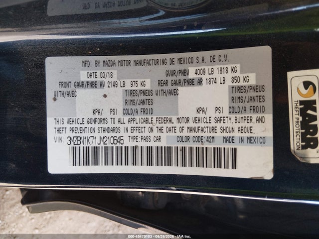 Aukcja sprzedaży 2018 Mazda Mazda3 Sport, vin: 3MZBN1K71JM210645, numer aukcji: 45470103