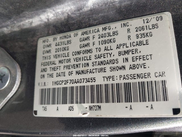 2010 Honda Accord 2.4 Ex მანქანა იყიდება აუქციონზე, vin: 1HGCP2F70AA073455, აუქციონის ნომერი: 45470111