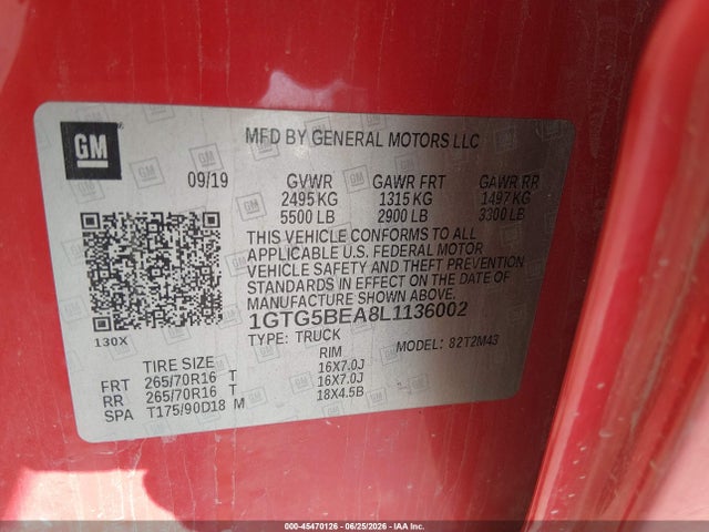 Aukcja sprzedaży 2020 Gmc Canyon 2wd  Short Box, vin: 1GTG5BEA8L1136002, numer aukcji: 45470126