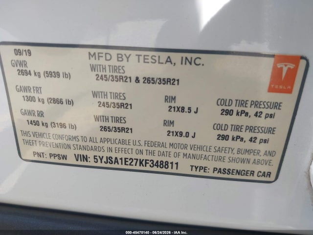 Tesla MODEL S 2019 5YJSA1E27KF348811 Image 21