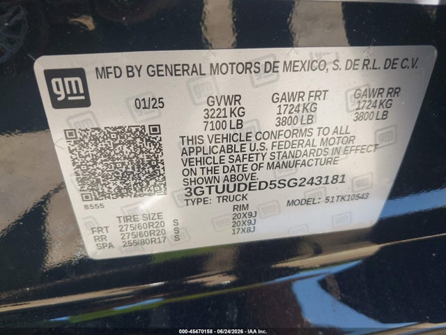 Aukcja sprzedaży 2025 Gmc Sierra 1500 4wd  Short Box Slt, vin: 3GTUUDED5SG243181, numer aukcji: 45470158