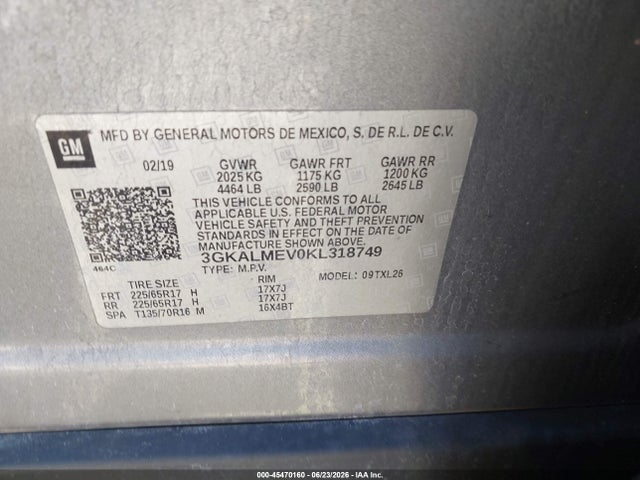 Aukcja sprzedaży 2019 Gmc Terrain Sle, vin: 3GKALMEV0KL318749, numer aukcji: 45470160
