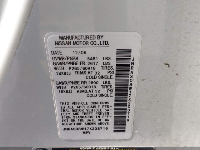 Продажа на аукционе авто 2007 Infiniti Fx35, vin: JNRAS08W17X208719, номер лота: 45470163