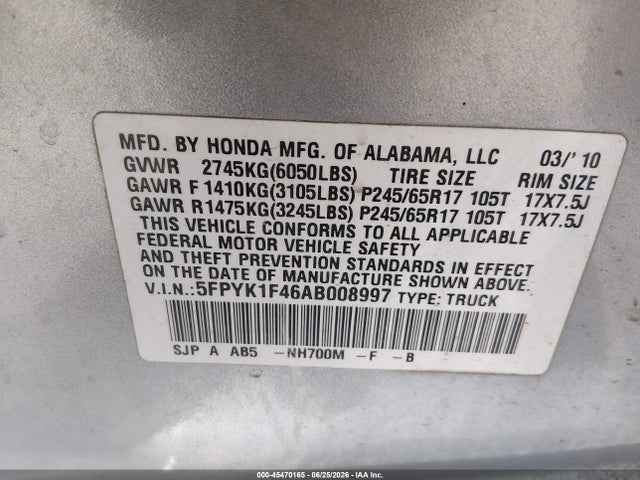 2010 Honda Ridgeline Rts მანქანა იყიდება აუქციონზე, vin: 5FPYK1F46AB008997, აუქციონის ნომერი: 45470165