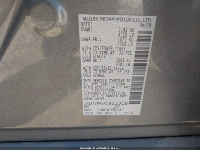 Aukcja sprzedaży 2019 Nissan Rogue Sl, vin: 5N1AT2MV5KC833318, numer aukcji: 45470180